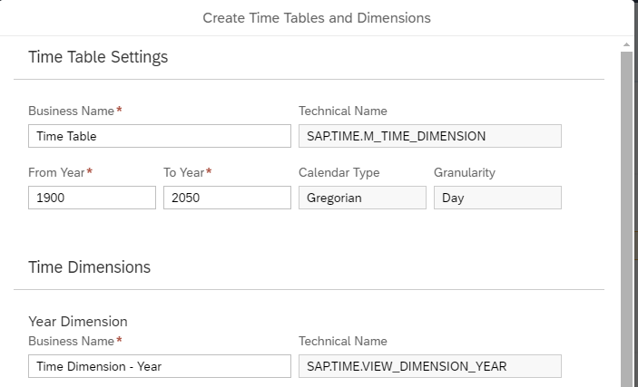 Screenshot Create Time Tables and Dimensions 